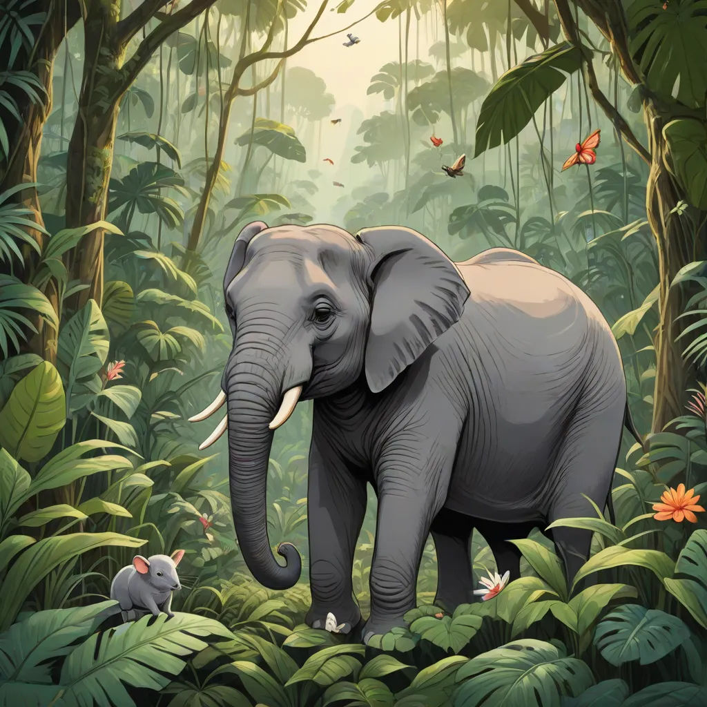 an elephant in the jungle with a mouse in its mouth and a mouse in the foreground, and a mouse in the foreground, sumatraism, a storybook illustration, Chris LaBrooy, jungle
