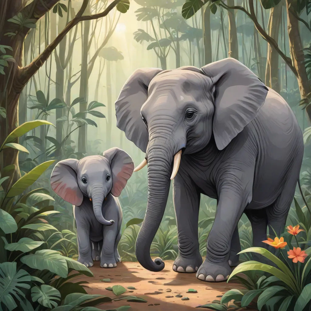 a painting of an elephant and its baby in a jungle setting with flowers and trees around them, with sunlight shining through the trees, sumatraism, a storybook illustration, Chris LaBrooy, official art