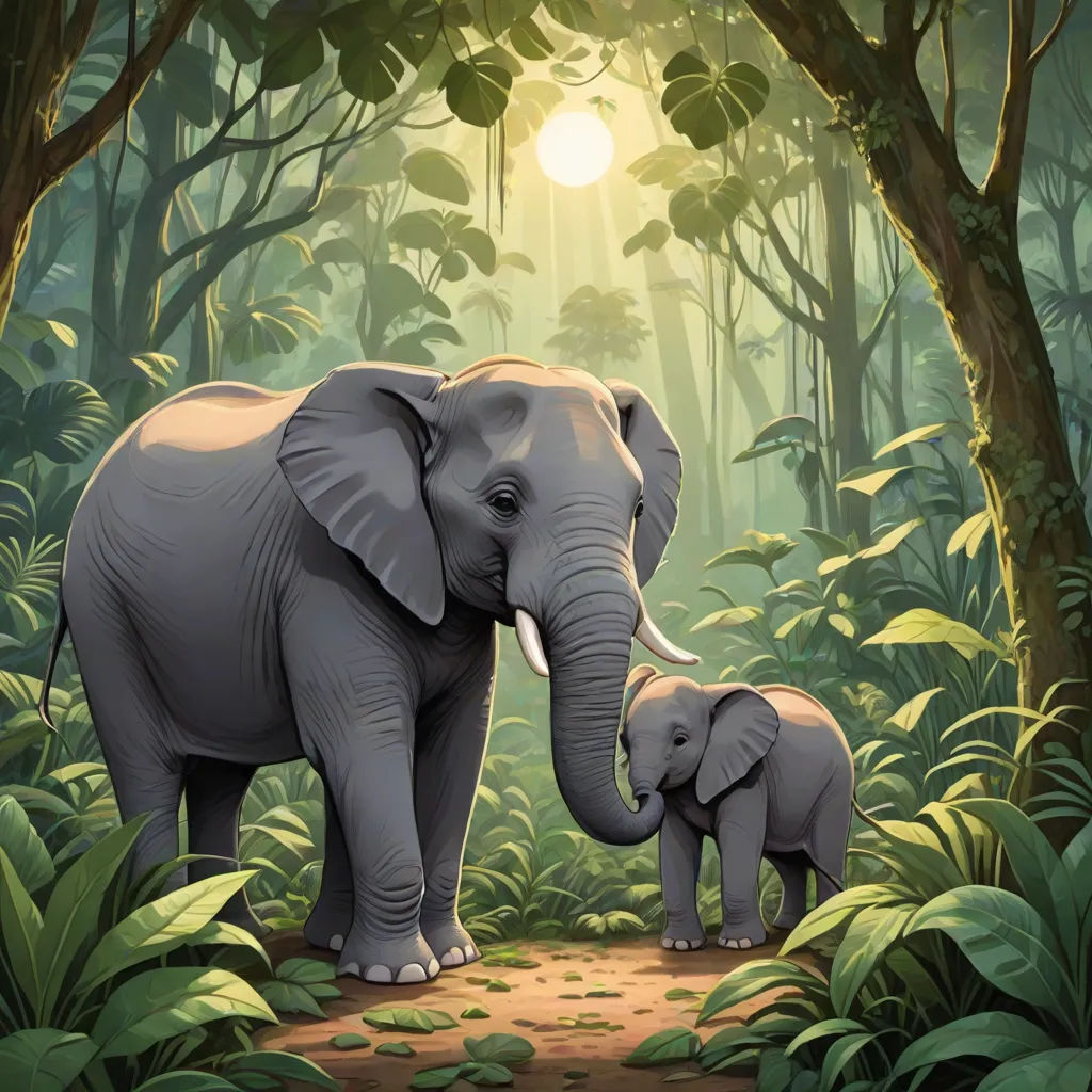 a mother elephant and her baby in a jungle setting with sunlight streaming through the trees and leaves on the ground, sumatraism, a storybook illustration, Chris LaBrooy, highly detailed digital painting