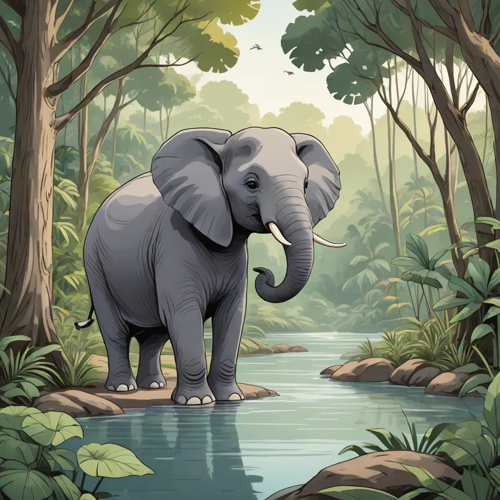 an elephant standing in the middle of a forest by a river with trees and rocks around it, with a bird flying above, sumatraism, a storybook illustration, Amédée Ozenfant, jungle