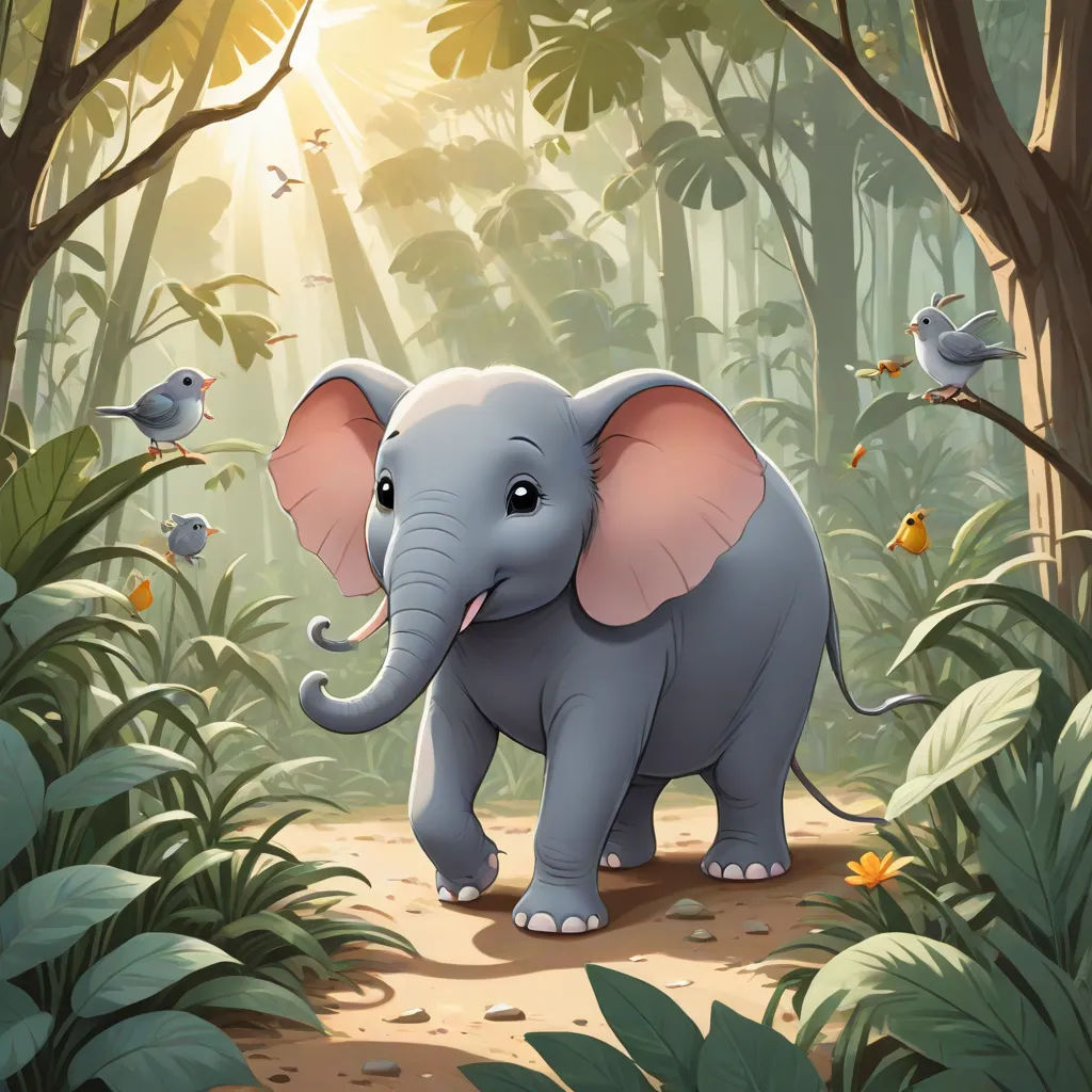 a small elephant is walking through a jungle with birds flying around it and a bird on the ground behind it, sumatraism, a storybook illustration, Chris LaBrooy, official art
