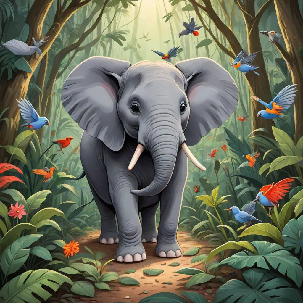 a painting of an elephant in a jungle with birds flying around it and a bird on the ground below, sumatraism, a storybook illustration, Chris LaBrooy, highly detailed digital painting