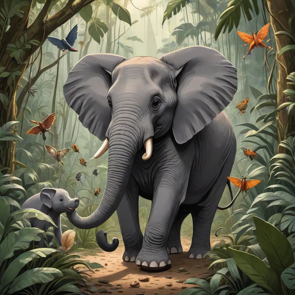 an elephant and a baby elephant in a jungle with butterflies and butterflies around them, and a bird flying above them, sumatraism, a storybook illustration, Chris LaBrooy, highly detailed digital painting