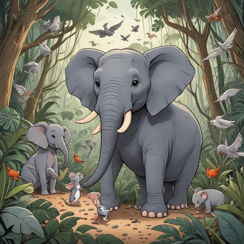 a painting of an elephant and its babies in a jungle with birds and birds around it, and a baby elephant standing on a path, sumatraism, a storybook illustration, Chris LaBrooy, highly detailed digital painting