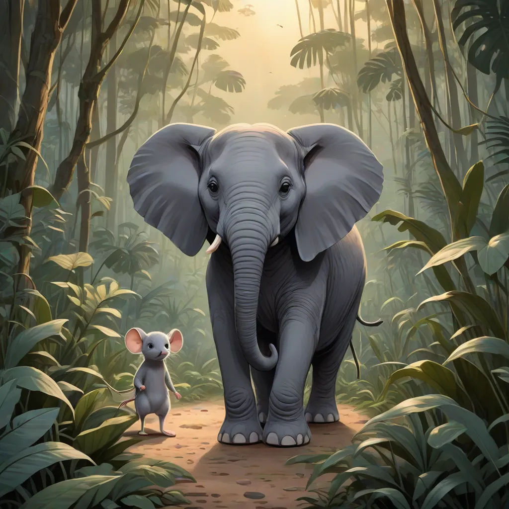 a painting of an elephant and a mouse in a jungle setting with trees and plants in the background and a sun shining through the trees, magical realism, a storybook illustration, Chris LaBrooy, promotional image