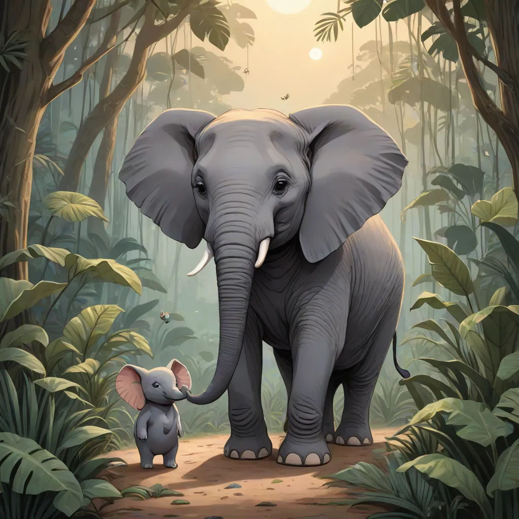 a large elephant standing next to a small elephant in a forest with trees and plants on the ground and a sun shining in the background, sumatraism, a storybook illustration, Chris LaBrooy, storybook illustration