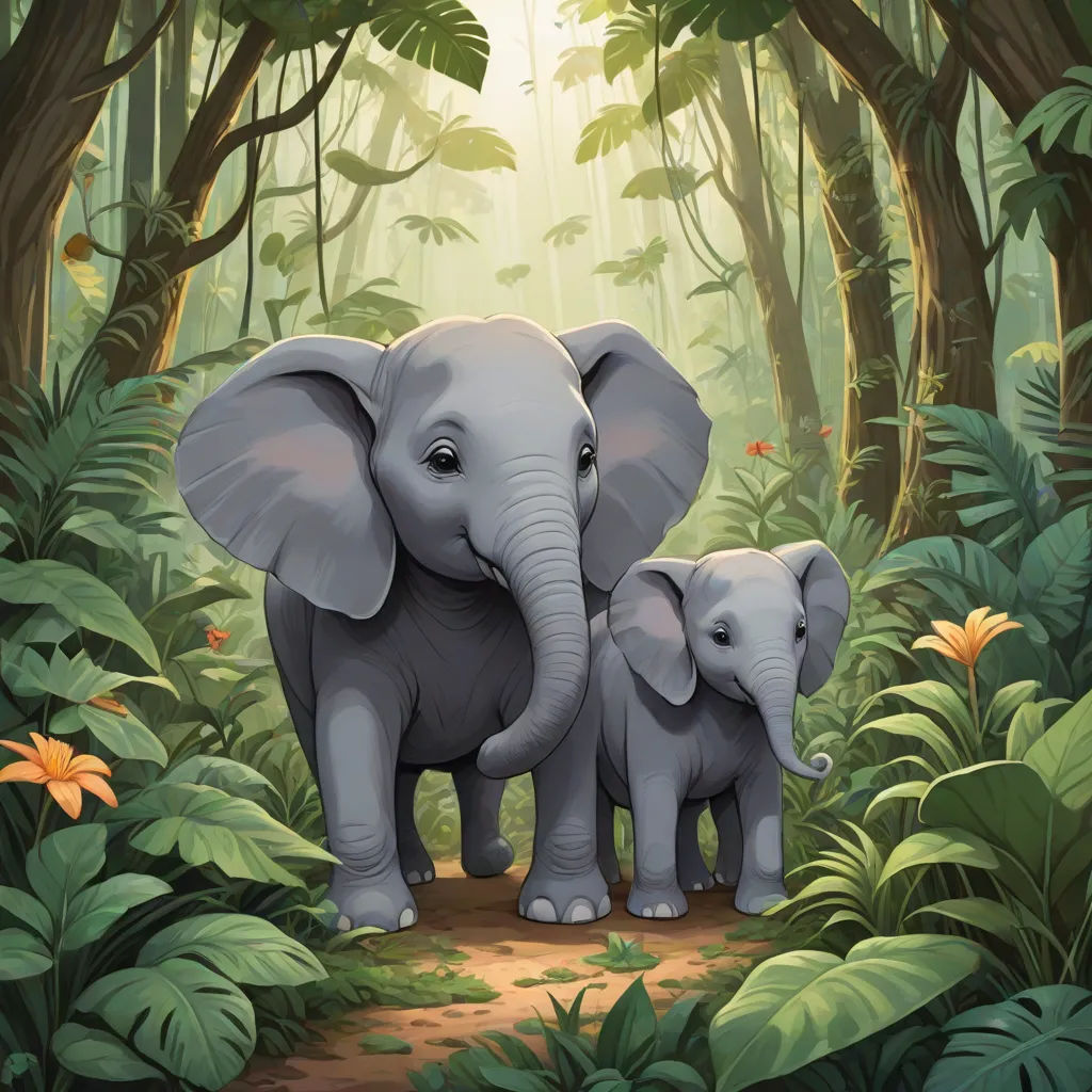 a painting of two elephants in a jungle setting with flowers and trees around them, with a bright light coming from behind them, sumatraism, a storybook illustration, Chris LaBrooy, official art