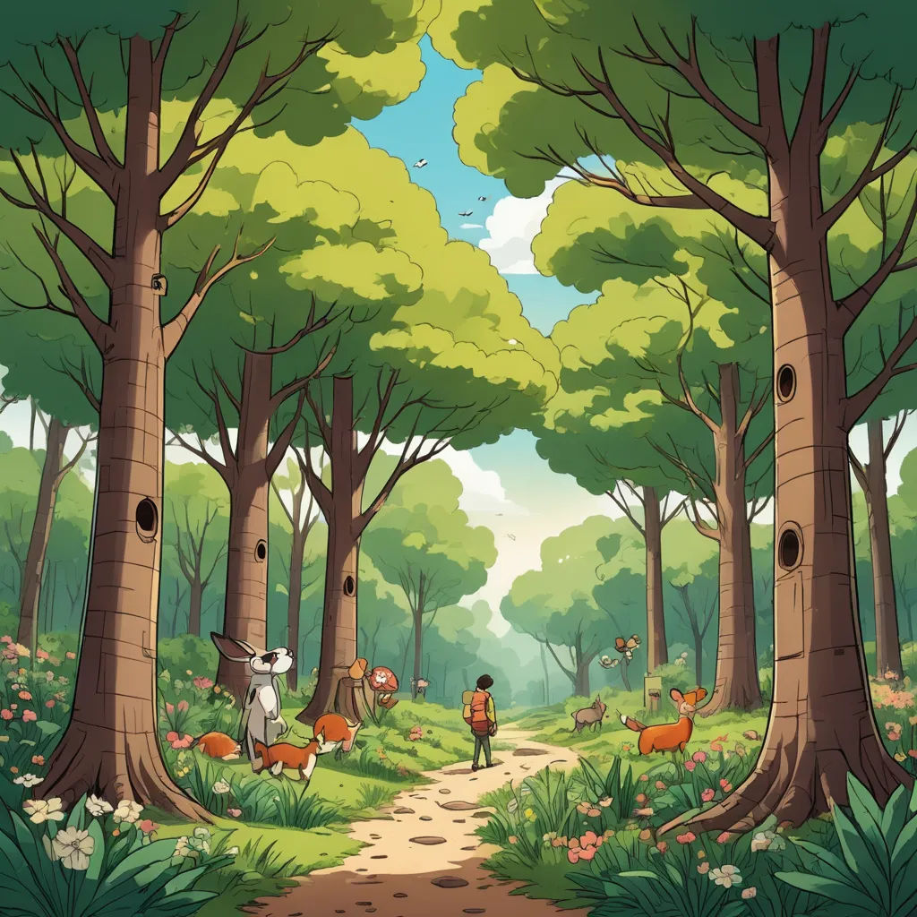 a cartoon scene of a forest with a person walking down a path with animals in the distance and a dog in the foreground, environmental art, a storybook illustration, Diego Gisbert Llorens, comic cover art