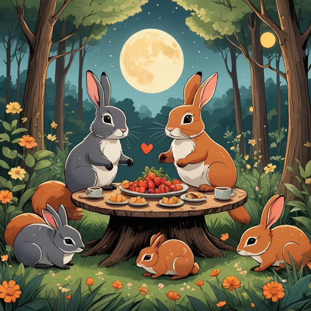 a group of rabbits sitting around a table with food on it in the woods at night time with a full moon in the background, fantasy art, a storybook illustration, Chris LaBrooy, trending on art station