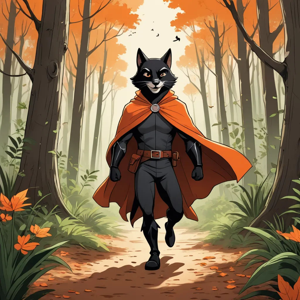 a cat in a cape is walking through the woods with a bird on his shoulder and a bird on his shoulder, furry art, a storybook illustration, Cedric Seaut (Keos Masons), comic cover art