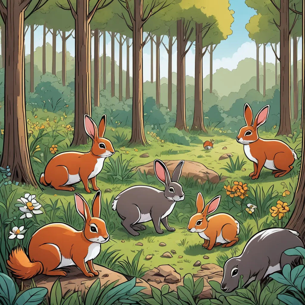 a group of rabbits in a forest with flowers and trees in the background, with a blue sky and clouds, furry art, a storybook illustration, Dan Mumford, storybook illustration