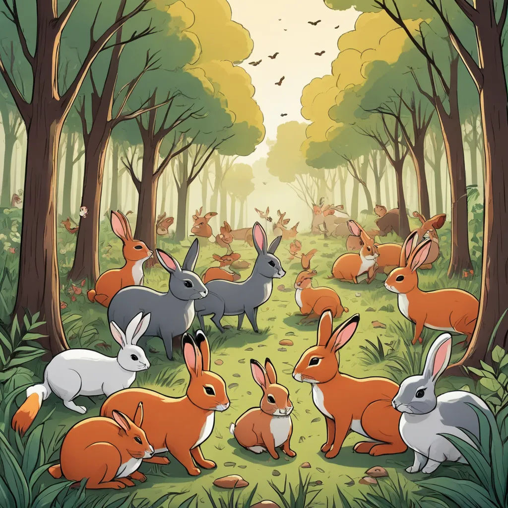 a group of rabbits in a forest with trees and birds flying overhead, with a sun shining through the trees, furry art, a storybook illustration, Chris LaBrooy, furaffinity
