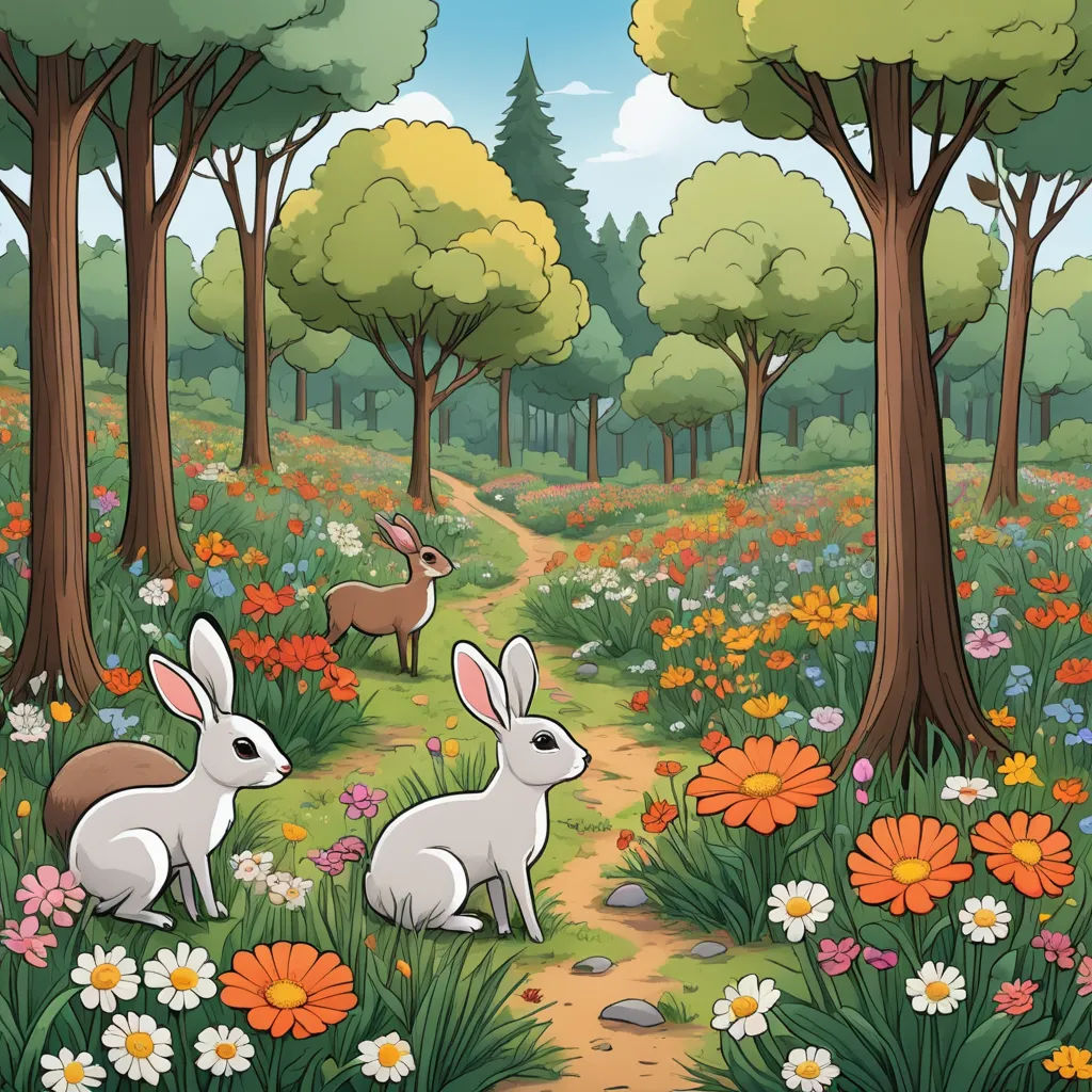 a cartoon scene of two rabbits in a forest with flowers and trees, and a path leading to a deer, environmental art, a storybook illustration, Elinor Proby Adams, storybook illustration