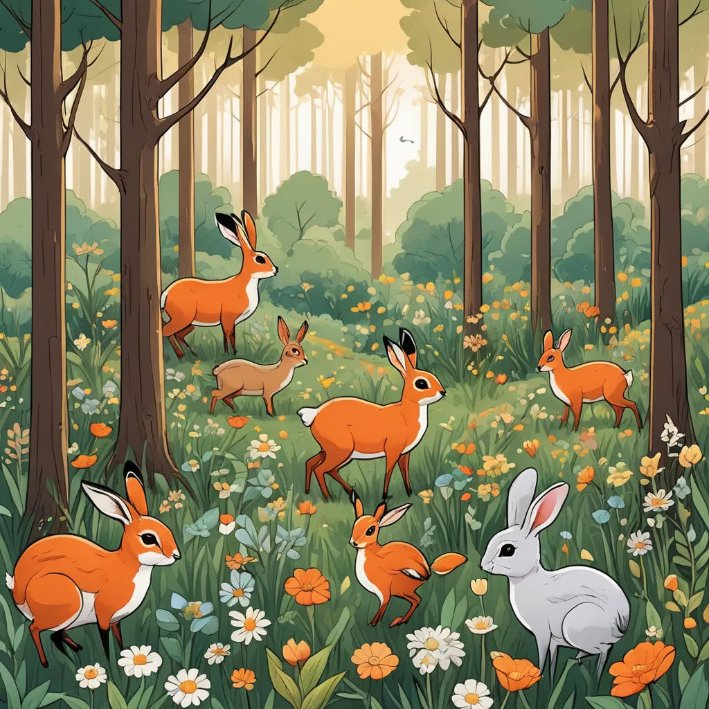 a painting of a forest with many animals in it and flowers around it, and trees and flowers around the area, furry art, a storybook illustration, Annabel Kidston, storybook illustration