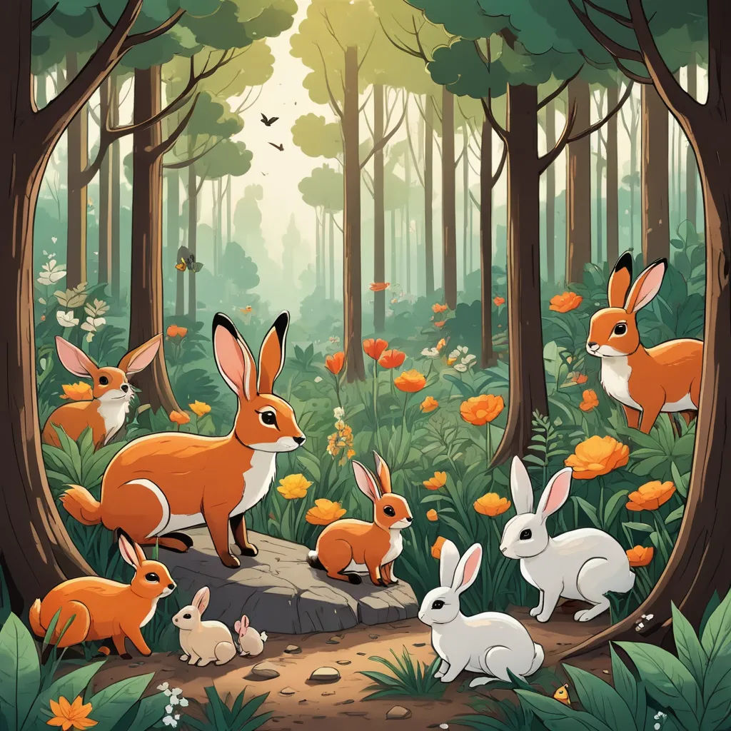 a group of rabbits in a forest with flowers and trees in the background, with a bird flying overhead, fantasy art, a storybook illustration, Chris LaBrooy, storybook illustration