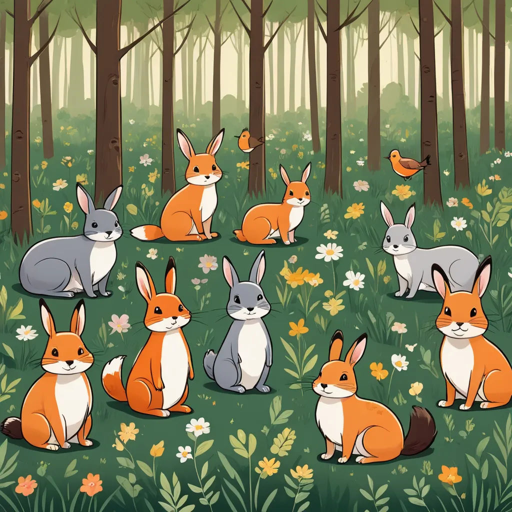 a group of rabbits in a forest with flowers and trees in the background, with a bird flying above, furry art, a storybook illustration, Florianne Becker, storybook illustration