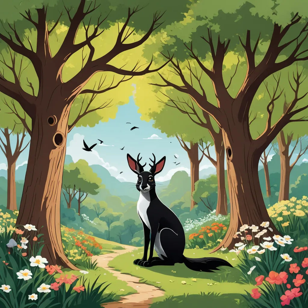 a cartoon kangaroo sitting in the middle of a forest with a bird flying overhead and a path leading to the trees, fantasy art, a storybook illustration, Chris LaBrooy, storybook illustration