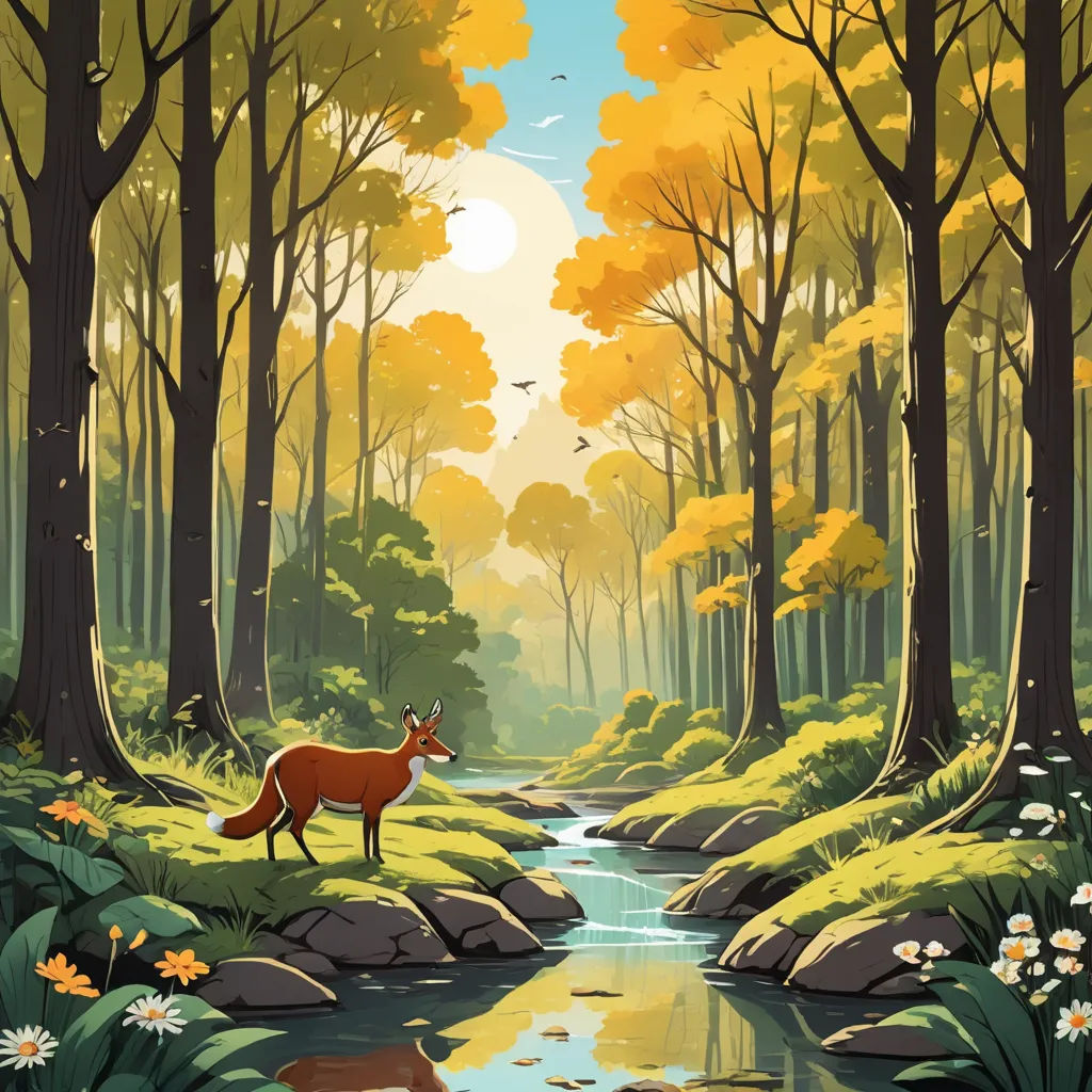 a painting of a fox in a forest by a stream with flowers and trees around it, with a bird flying overhead, environmental art, a storybook illustration, Chris LaBrooy, forest