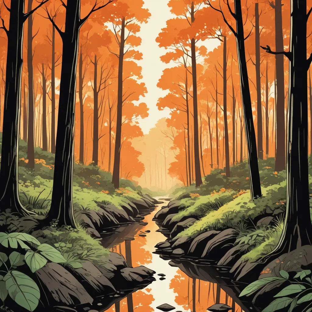 a painting of a stream in a forest with trees and rocks in the foreground and a bright orange sky, environmental art, poster art, Dan Mumford, laurie greasley