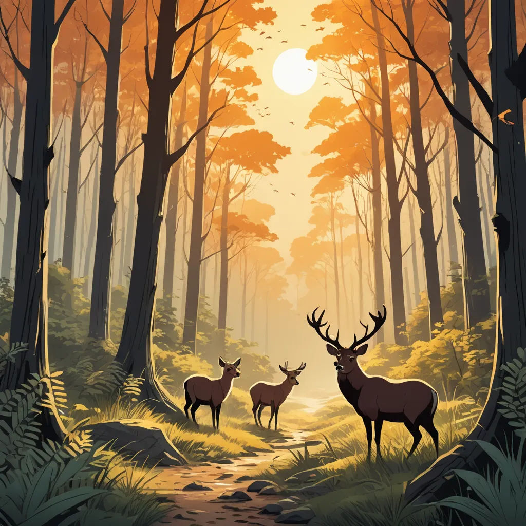 two deer standing in a forest at sunset with the sun shining through the trees and the ground, with a path leading to them, environmental art, a storybook illustration, Dan Mumford, forest