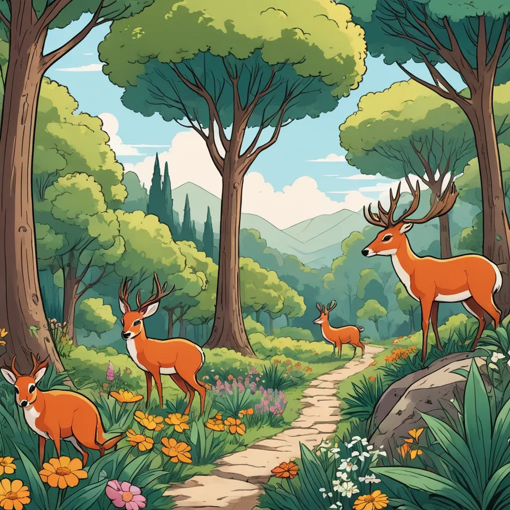 a painting of deer in a forest with flowers and trees on the ground and a path leading to them, environmental art, a storybook illustration, Chris LaBrooy, leesha hannigan