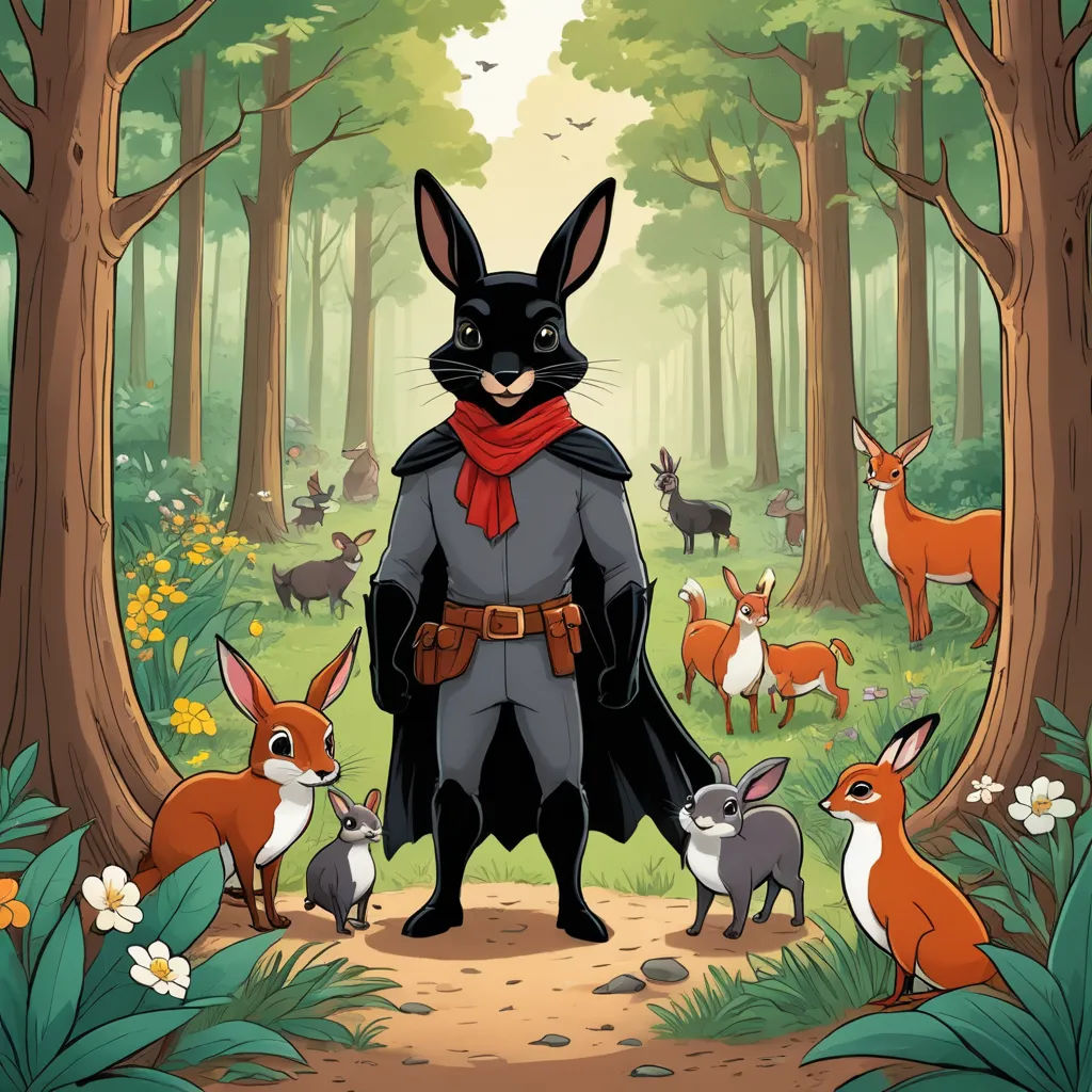 a cartoon of a man dressed as a batman surrounded by animals in a forest with trees and flowers on the ground, furry art, a storybook illustration, Diego Gisbert Llorens, storybook illustration
