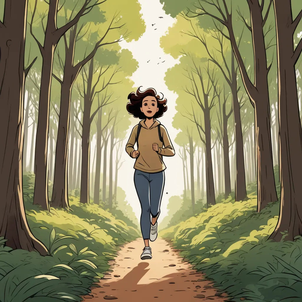 a woman running down a path in the woods with trees on both sides of her head and a trail in the middle of the woods, environmental art, a comic book panel, Atey Ghailan, comic cover art