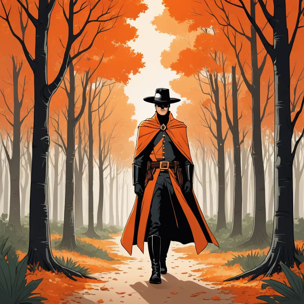 a man in a black hat and orange cape walking down a path in a forest with trees and orange leaves, american romanticism, poster art, Dirk Crabeth, western comic book art