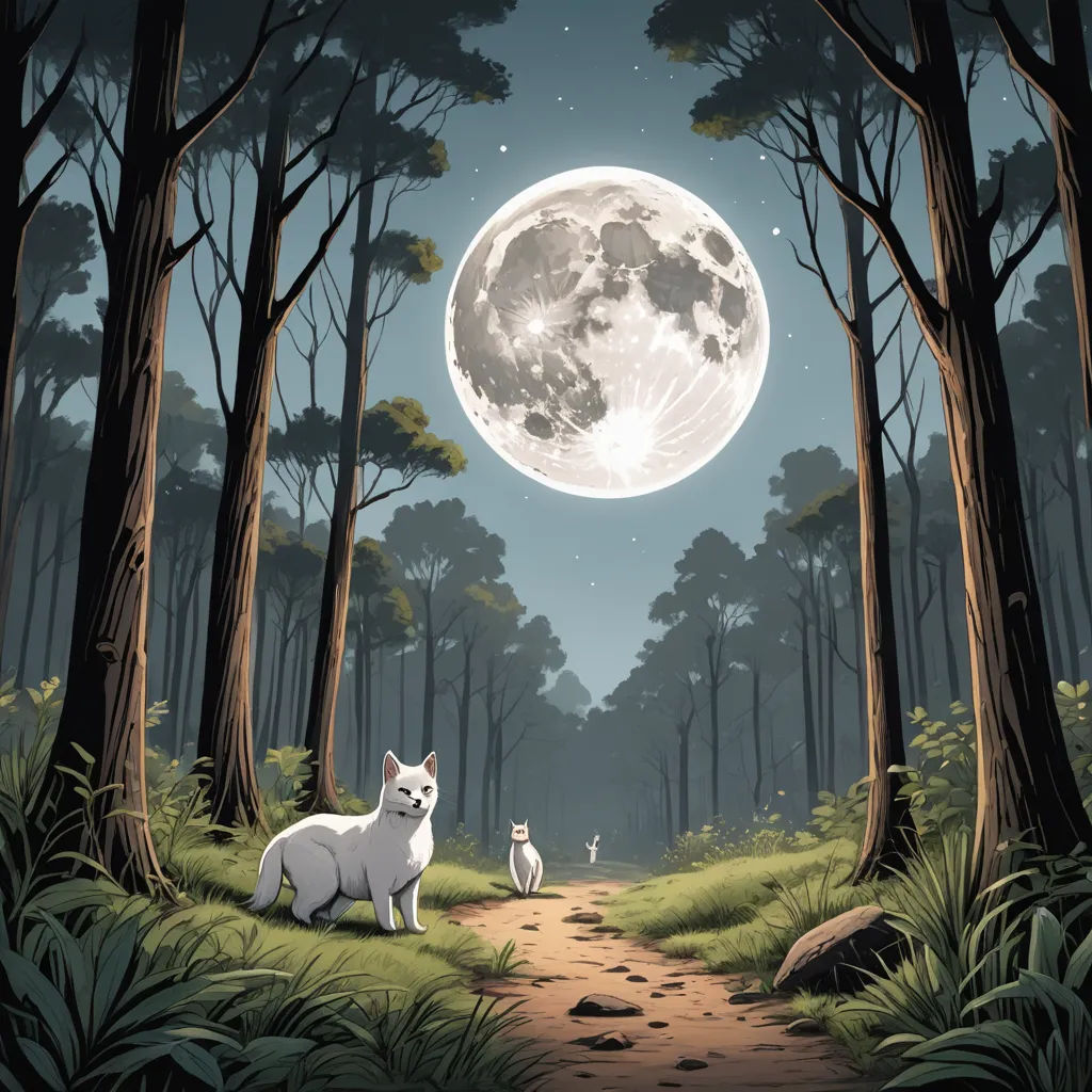 a painting of two dogs in a forest with a full moon in the background and a forest path leading to them, fantasy art, a storybook illustration, Dan Mumford, storybook illustration