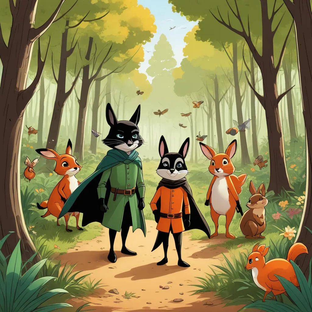a group of animals standing in the woods together with a man in a green coat and a fox in a red coat, furry art, a storybook illustration, Diego Gisbert Llorens, official art