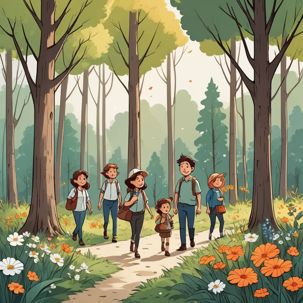 a group of people walking through a forest with flowers on the ground and trees in the background, with a path leading to them, environmental art, a storybook illustration, Diego Gisbert Llorens, storybook illustration