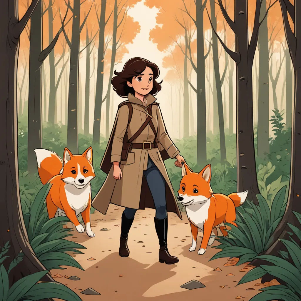 a woman in a coat and two foxes in a forest with trees and leaves on the ground, with a forest background, process art, a character portrait, Clarice Beckett, key art