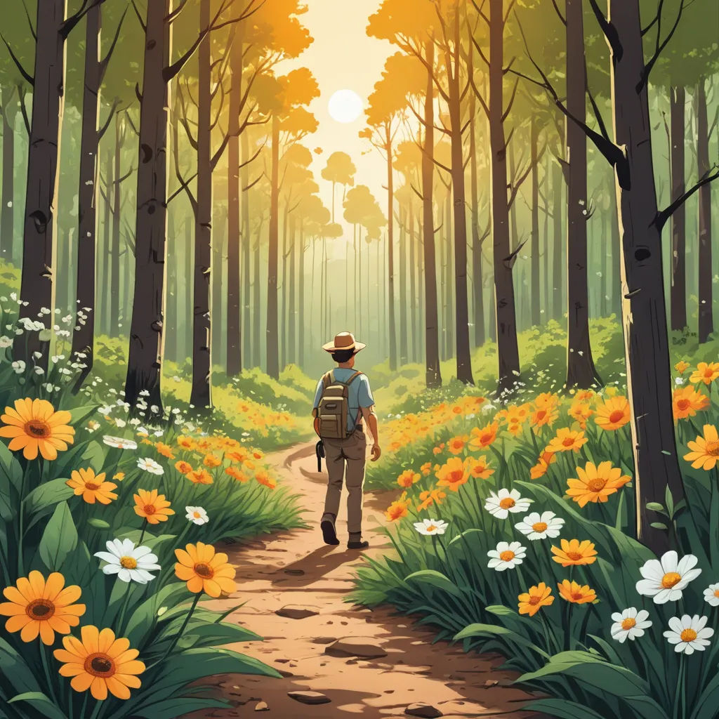 a man with a backpack walks through a forest of flowers and trees, with the sun shining through the trees, environmental art, a storybook illustration, Chris LaBrooy, rossdraws global illumination