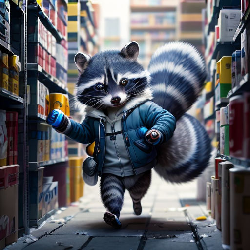 a raccoon is running through a store aisle with a backpack on it's back and a backpack on its back
