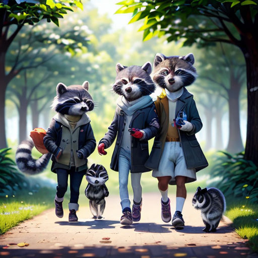 a group of raccoons walking down a road with a man and a woman holding hands and a raccoon dog