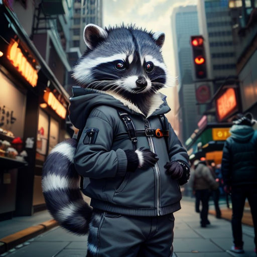 a man in a raccoon costume is standing on a city street with people walking by and a traffic light