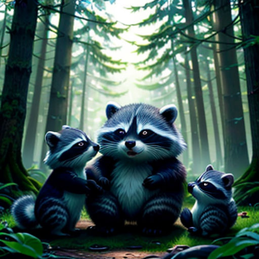 a painting of a raccoon family in the woods with a baby raccoon sitting on the ground