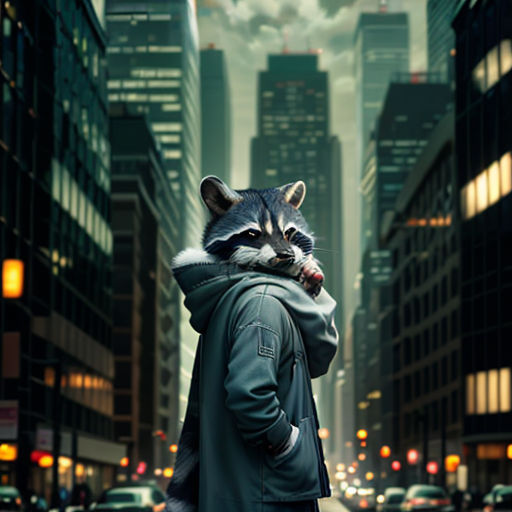 a man in a hoodie is standing in the middle of a city street with a raccoon on his head