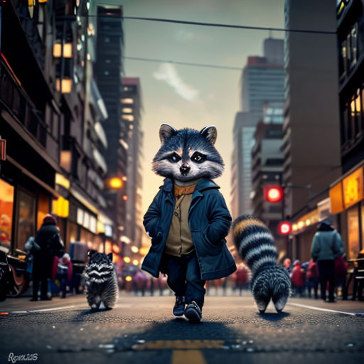a raccoon is walking down a city street with a man in a blue jacket and a raccoon is walking behind him