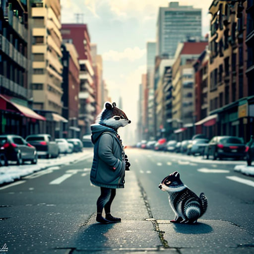 a person standing on a street with a cat sitting on the sidewalk next to them and a dog standing on the sidewalk