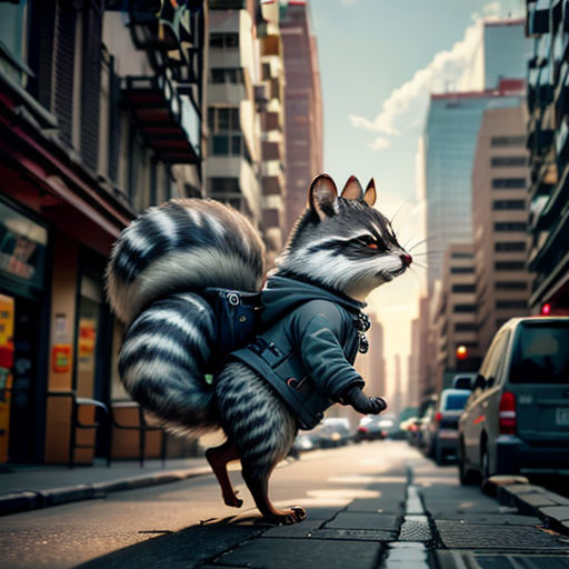 a raccoon is walking down the street in a jacket and boots with a backpack on it's back