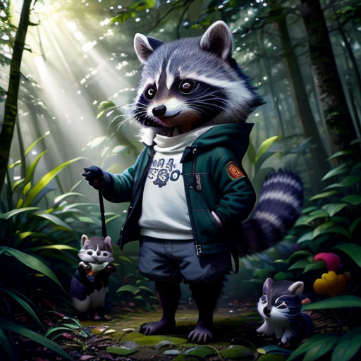 a painting of a raccoon in the woods with a little boy and two cats in front of him