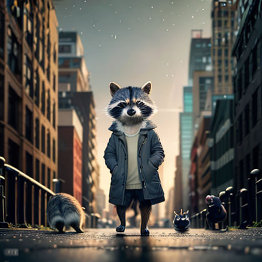 a raccoon is walking down a city street with a person in a coat and a cat on the sidewalk