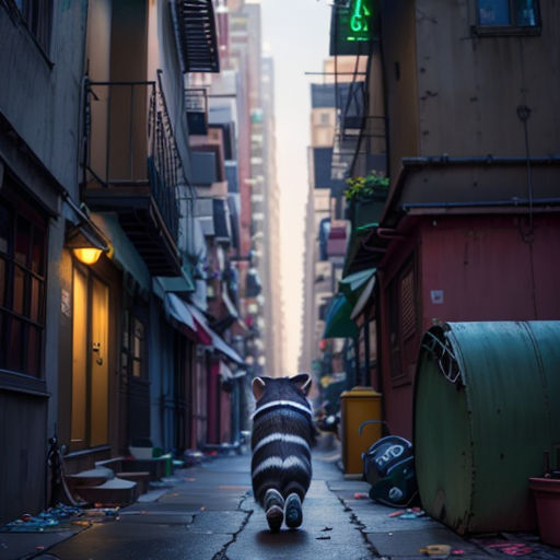 a cat walking down a narrow alley way in a city at night time with a neon sign above it