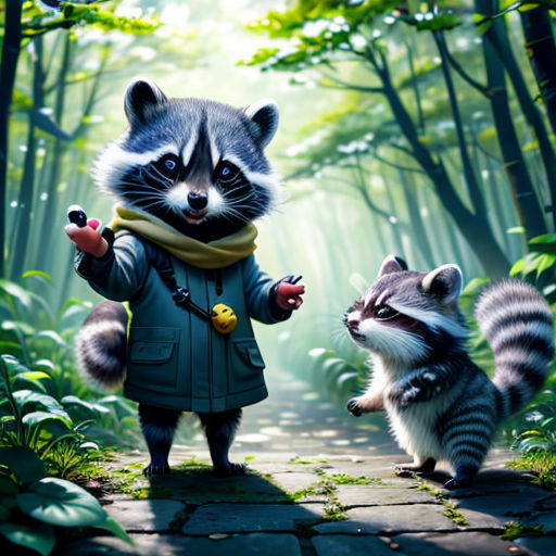 a painting of a raccoon and a little girl in a forest with a forest background and a path