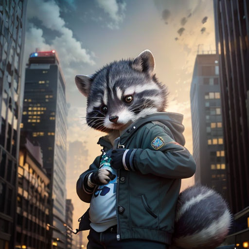 a raccoon is standing in the middle of a city street with a person in a jacket on