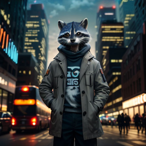 a man standing in the middle of a street with a raccoon on his hoodie on his head