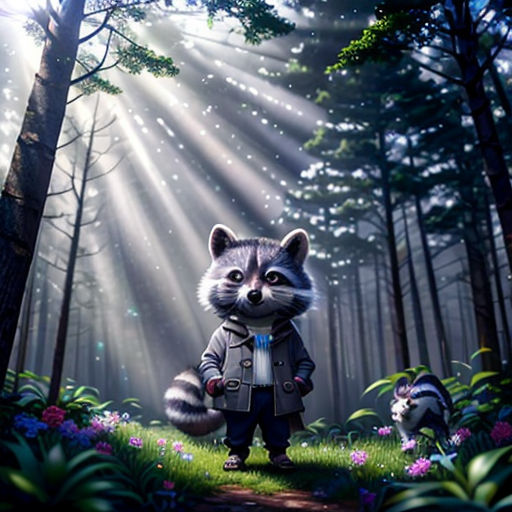 a painting of a raccoon in a forest with a dog in the background and a light beam coming from the forest