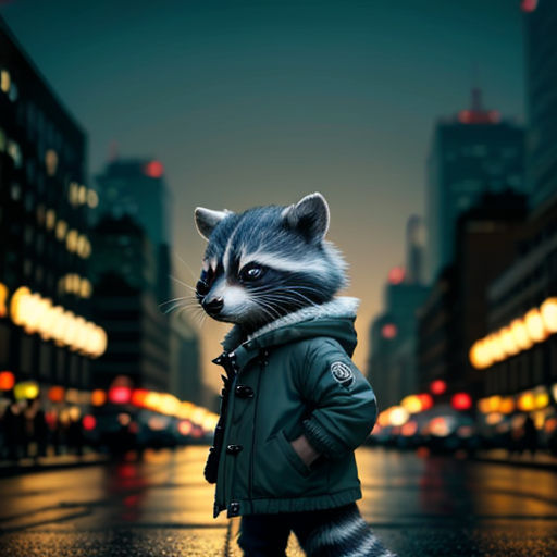 a raccoon is standing on a city street at night with a person in a green jacket and a black jacket
