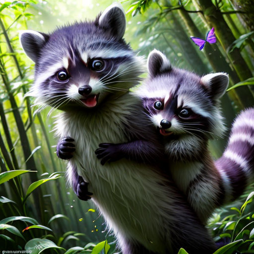 a couple of raccoons standing on their hind legs in the woods with a butterfly flying above them